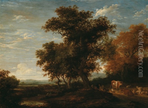 Kuhe Und Rastende Reisende Unter Einem Grosen Baum In Weiter Landschaft Oil Painting - Jacob Salomonsz van Ruysdael