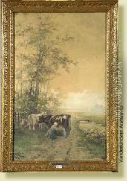 Latraite Des Vaches Oil Painting - Henri van Seben