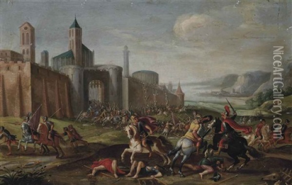 A Cavalry Skirmish, With A Castle Being Stormed Beyond Oil Painting - Jan de Martszen the Younger