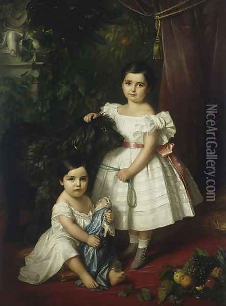 Portrait of Mary Rosa and Rosa Mary Caroline Kronenberg with a Dog Oil Painting - Jozef Simmler