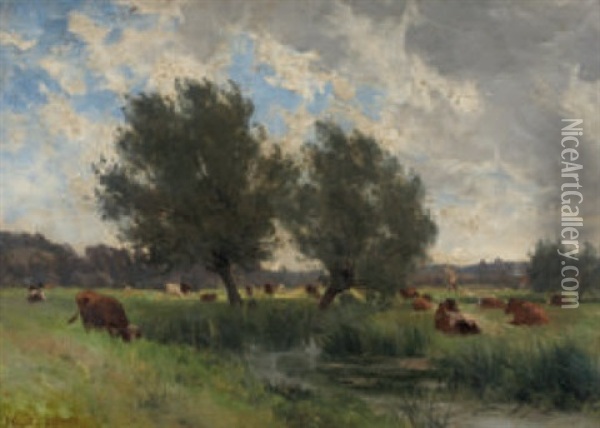 Teichlandschaft Mit Weidenden Kuhen Oil Painting - Julien Dupre