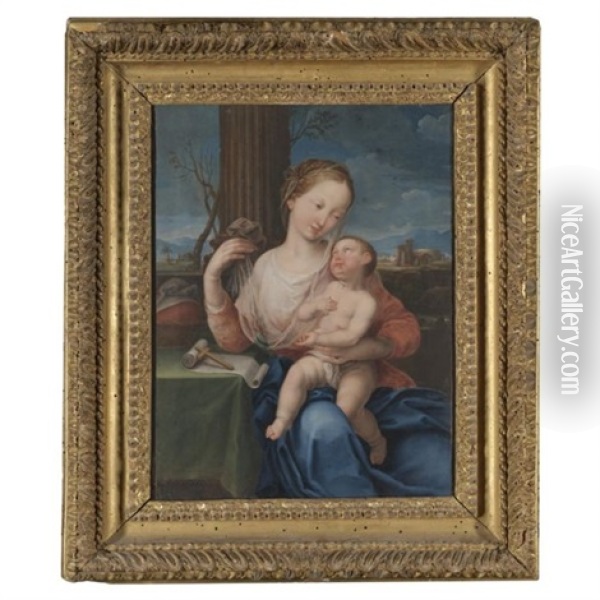 The Madonna And Child Seated Before A Landscape Oil Painting - Giovanni Carnovali