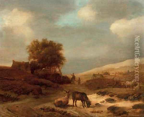 A dune landscape with goats and sheep, travellers on a track and cottages beyond Oil Painting - Pieter De Molijn
