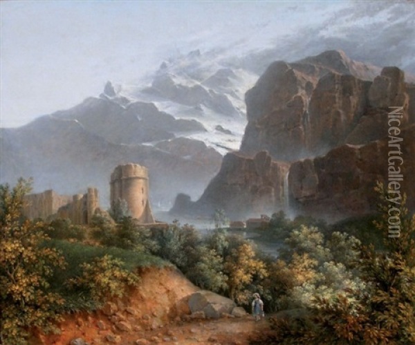Chateau Devant Un Paysage De Montagne Anime Par Un Personnage Oil Painting - Francois Edme Ricois