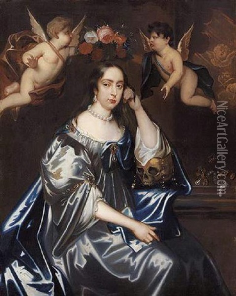 Portrait Of A Lady In A Silver Dress And Blue Mantle, Her Left Arm Resting On A Skull, Two Putti Holding A Wreath Of Flowers Above Her Head, Scattered Jewellery To Her Side Oil Painting - Jacob Huysmans