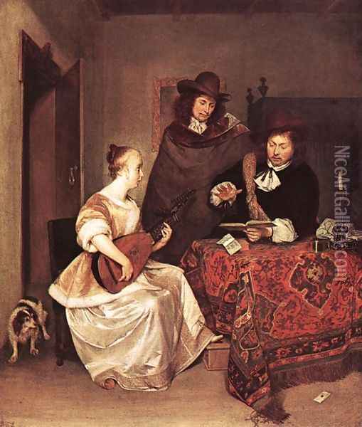 A Young Woman Playing a Theorbo to Two Men Oil Painting - Gerard Terborch