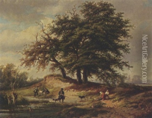 Hunstmen In A Wooded Landscape Oil Painting - Adrianus Henrikus De Bruine