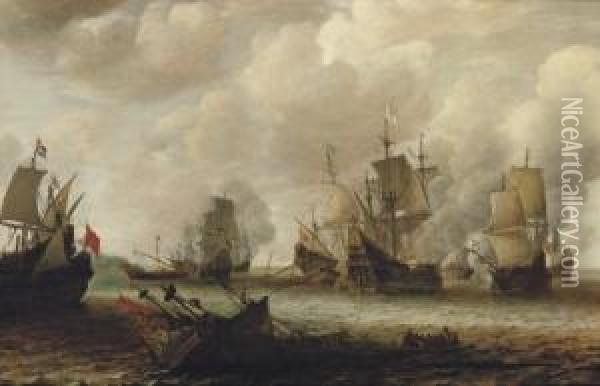 A Naval Battle Between Dutch And Spanish Men O'war Oil Painting - Jan Abrahamsz. Beerstraaten