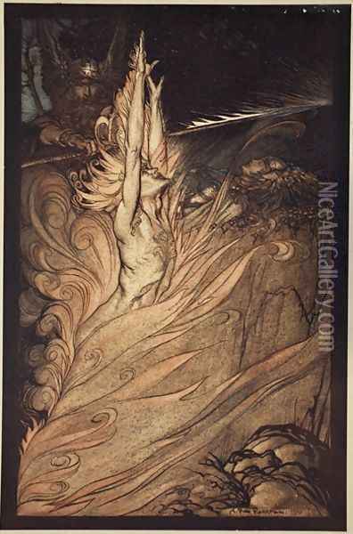 Appear, flickering fire, Encircle the rock with thy flame Loge Loge Appear, illustration from The Rhinegold and the Valkyrie, 1910 Oil Painting - Arthur Rackham