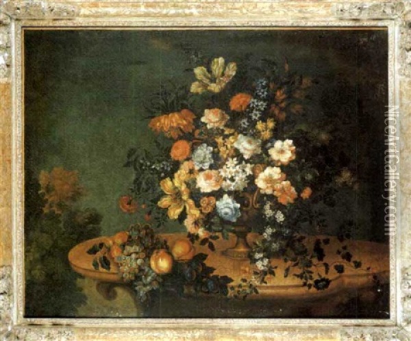 Fleurs Dans Un Vase En Metal Et Fruits Sur Une Console En Pierre Oil Painting - Antoine Monnoyer