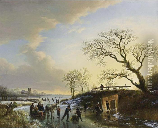 Skaters With A Horse-drawn Sledge On A Frozen River Oil Painting - Barend Cornelis Koekkoek