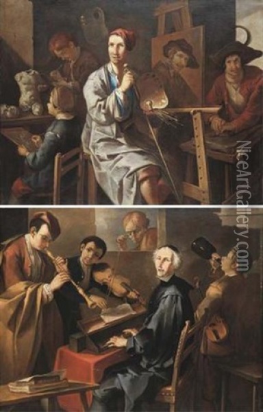 A Painter In His Studio With His Apprentices And A Sitter Oil Painting - Giacomo Francesco Cipper