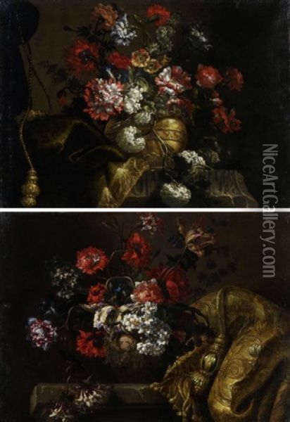 Gegenstucke: Blumenstillleben Mit Draperien Und Quasten Oil Painting - Jean-Baptiste Monnoyer