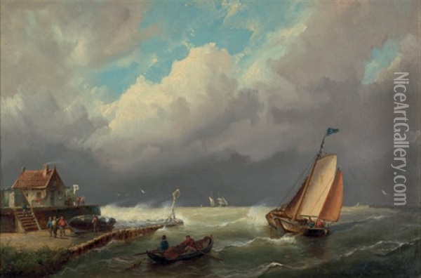 Die Ausfahrt Aus Dem Hafen Bei Sturmischem Wetter Oil Painting - Hermanus Koekkoek the Younger