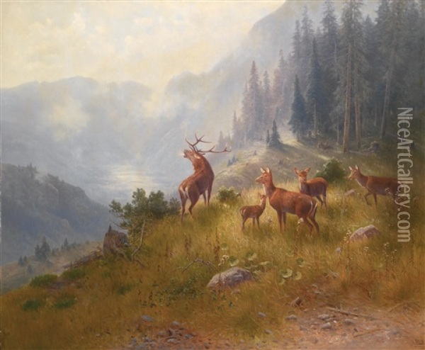 Hirsch Mit Seinem Rudel Oil Painting - Ludwig Skell