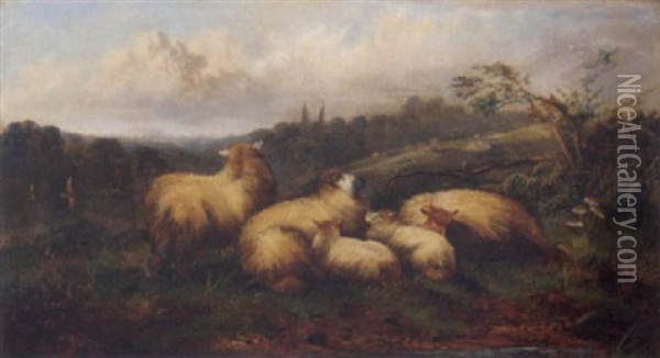 Sheep Resting By A River Oil Painting - John W. Morris