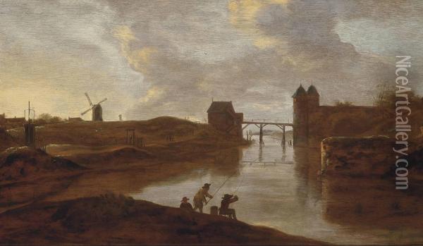 A River Landscape With Anglers On The Shore, A Bridge Beyond Oil Painting - Reinier Van Der Laeck