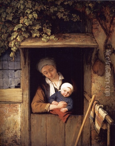 A Mother Holding Her Child In A Doorway Oil Painting - Adriaen Jansz van Ostade
