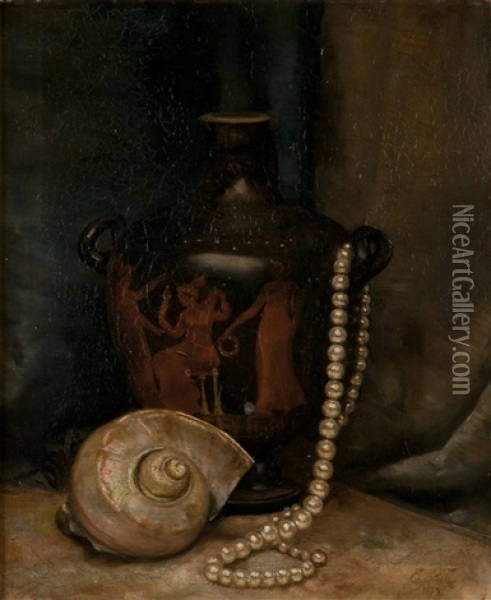Nature Morte Comprenant Un Vase Grec A Figures Rouges, Un Collier De Perles Et Un Nautile Oil Painting - Edwin Steele