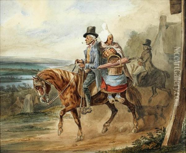 Paysans Normands Revenant Du Marche. Oil Painting - Joseph-Louis Hippolyte Bellange