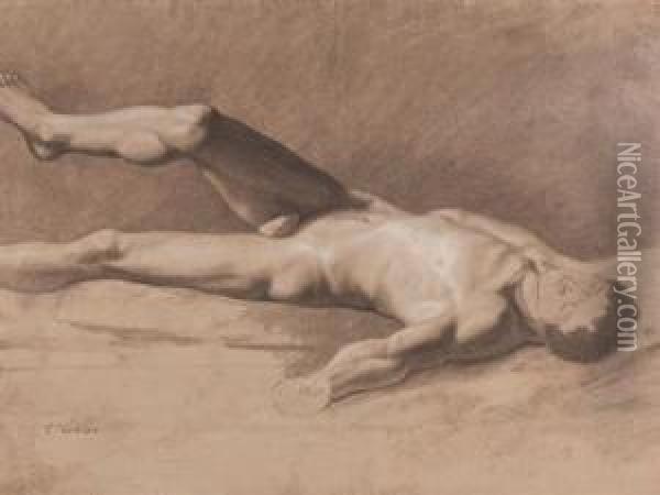 Reclining Male Nude -study Oil Painting - Elihu Vedder