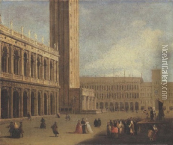 The Piazzetta Di San Marco, Venice, Looking North Towards The Torre Dell'orologio Oil Painting - Luca Carlevarijs