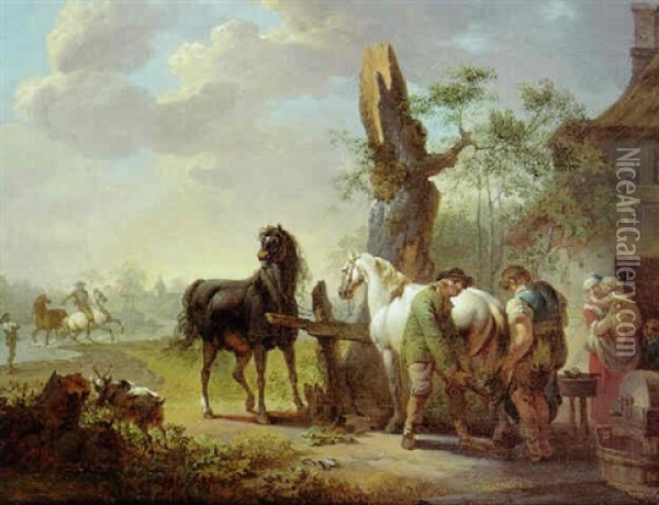 Landskab Med Heste Og Personer Ved En Smedie Oil Painting - Christian August Lorentzen