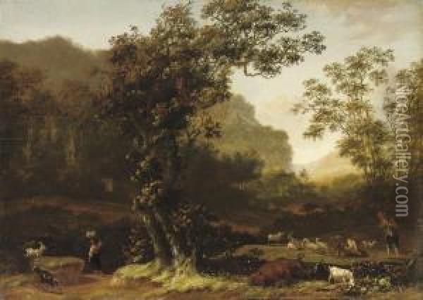 An Italianate Landscape With A 
Herdsman And His Flock Resting, Apeasant Girl On A Track Nearby Oil Painting - Adam Pynacker