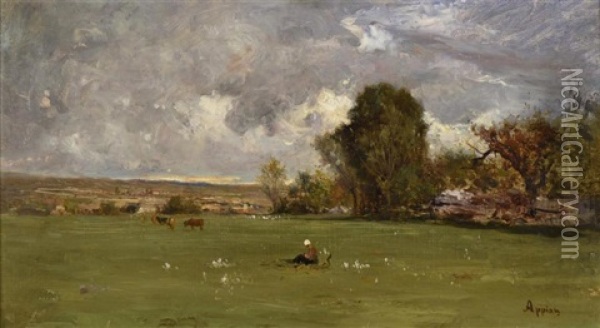 La Bergere Assise Dans Le Pre A Hauteville Oil Painting - Adolphe Appian
