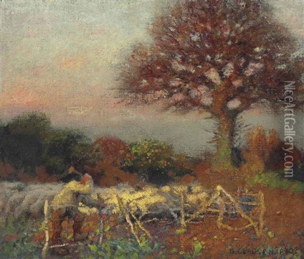 Sheepfold At Early Morning Oil Painting - Sir George Clausen