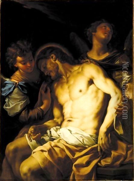 The Dead Christ Supported By Two Angels Oil Painting - Francesco Trevisani