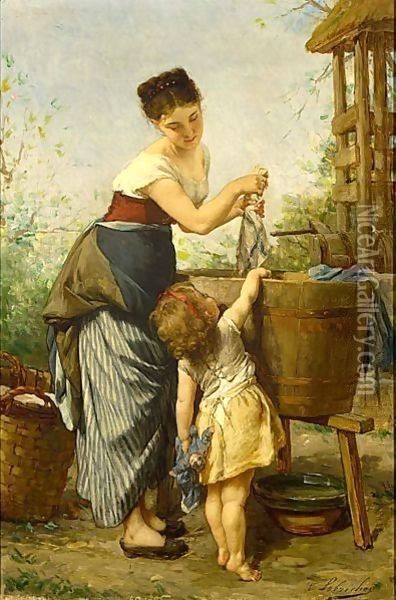 Mother A´s Little Helper Oil Painting - Timoleon Marie Lobrichon