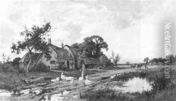 Farm Landscape With Figures And Ducks Oil Painting - Henry H. Parker