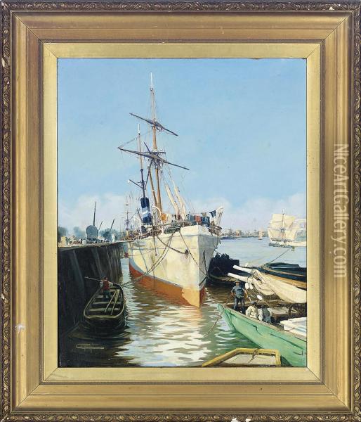 Boats In A Harbour Oil Painting - Jacques Marie Omer Camoreyt
