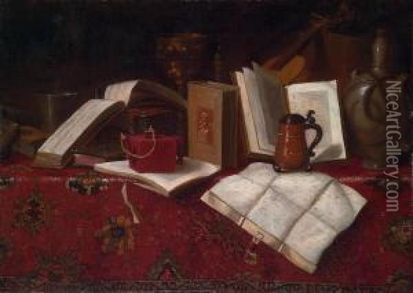 Books, A Silver Beaker, A Gilt Cup, A Candle, A Violin, And Other Vessels, On A Carpet-draped Table Oil Painting - Pseudo Roestraten