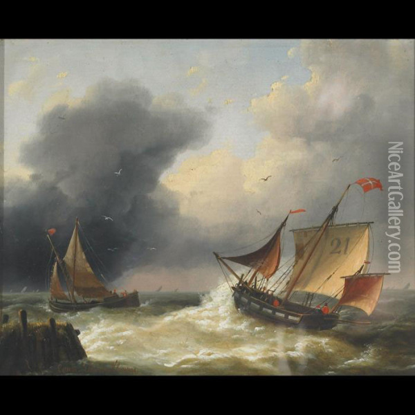 Shipping Off Shore In Stiff Breeze Oil Painting - Louis Verboeckhoven