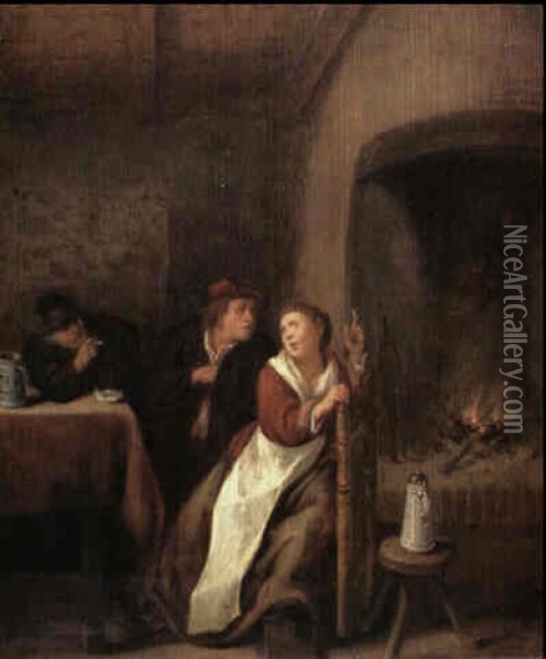 A Peasant Couple Seated Before A Fire Burning In A Hearth   Observed By A Seated Man Smoking A Pipe Oil Painting - Jan Miense Molenaer