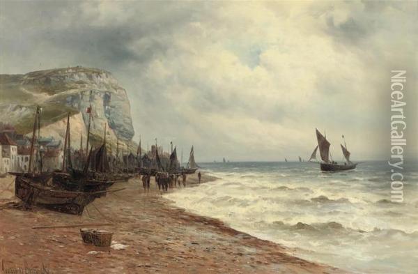 A Hastings Fishing Lugger Returning To The Beach Oil Painting - Gustave de Breanski
