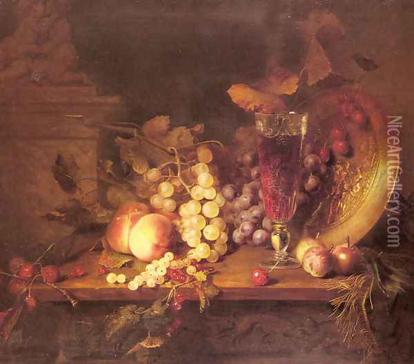 Still Life with Fruit, a Glass of Wine and a Bronze Vessel on a Ledge Oil Painting - Blaise Alexandre Desgoffe