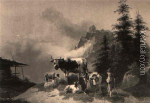 Bauernkinder Mit Kuhen Und Ziegen Im Hochgebirge Oil Painting - Friedrich Gauermann