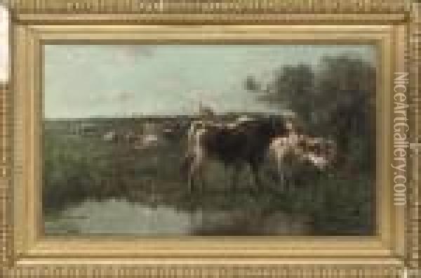 Cattle By A River Oil Painting - Henry Schouten