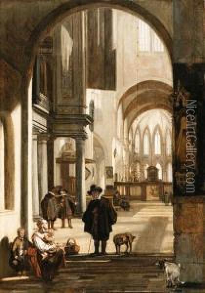 The Interior Of A Gothic Church,
 Looking Down The Aisle To Thechoir, With A Family Begging For Alms Oil Painting - Emanuel de Witte