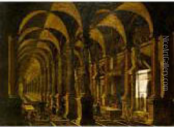 Belshazzar's Feast Within An Architectural Capriccio Oil Painting - Francois de Nome (Monsu, Desiderio)