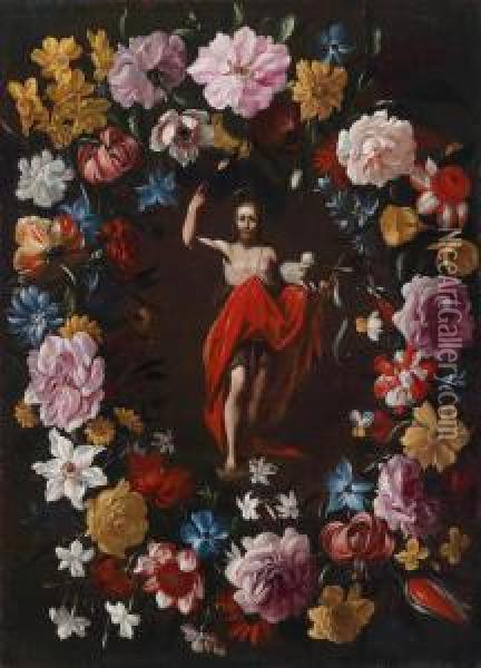 Detto Stanchi Dei Fiori Una 
Ghirlanda Di Fiori Intorno A Un Medaglione Con Cristo Risorto Oil Painting - Giovanni Stanchi