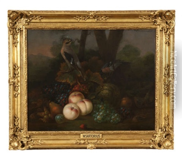 A Still Life Of Fruit In A Landscape, With A Jay And A Bullfinch Oil Painting - George William Sartorius