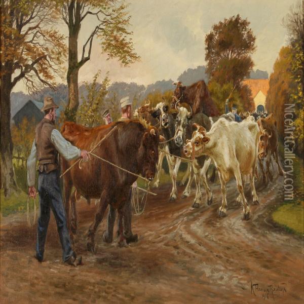 Farmers With Their Cattle On A Dirt Road Oil Painting - Karl Frederik Hansen-Reistrup