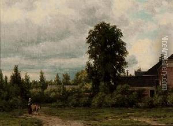 Woman With A Donkey By A Largefarmstead Oil Painting - Jacob Jan van der Maaten