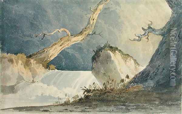 Waterfall in a Desolate Landscape Oil Painting - John Sell Cotman