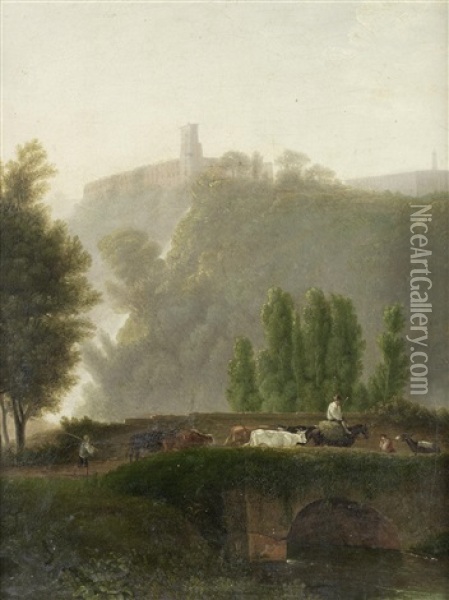 A View Of Tivoli With Drovers Crossing A Bridge In The Foreground Oil Painting - Jean Victor Bertin