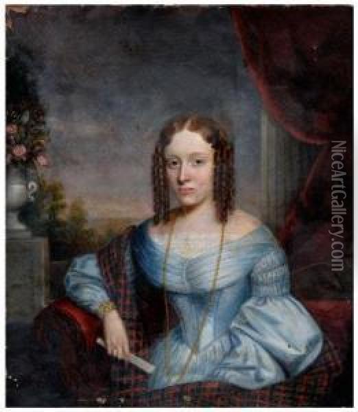 Young Lady In Blue Dress With Plaid Wrap Oil Painting - Cephas Giovanni Thompson